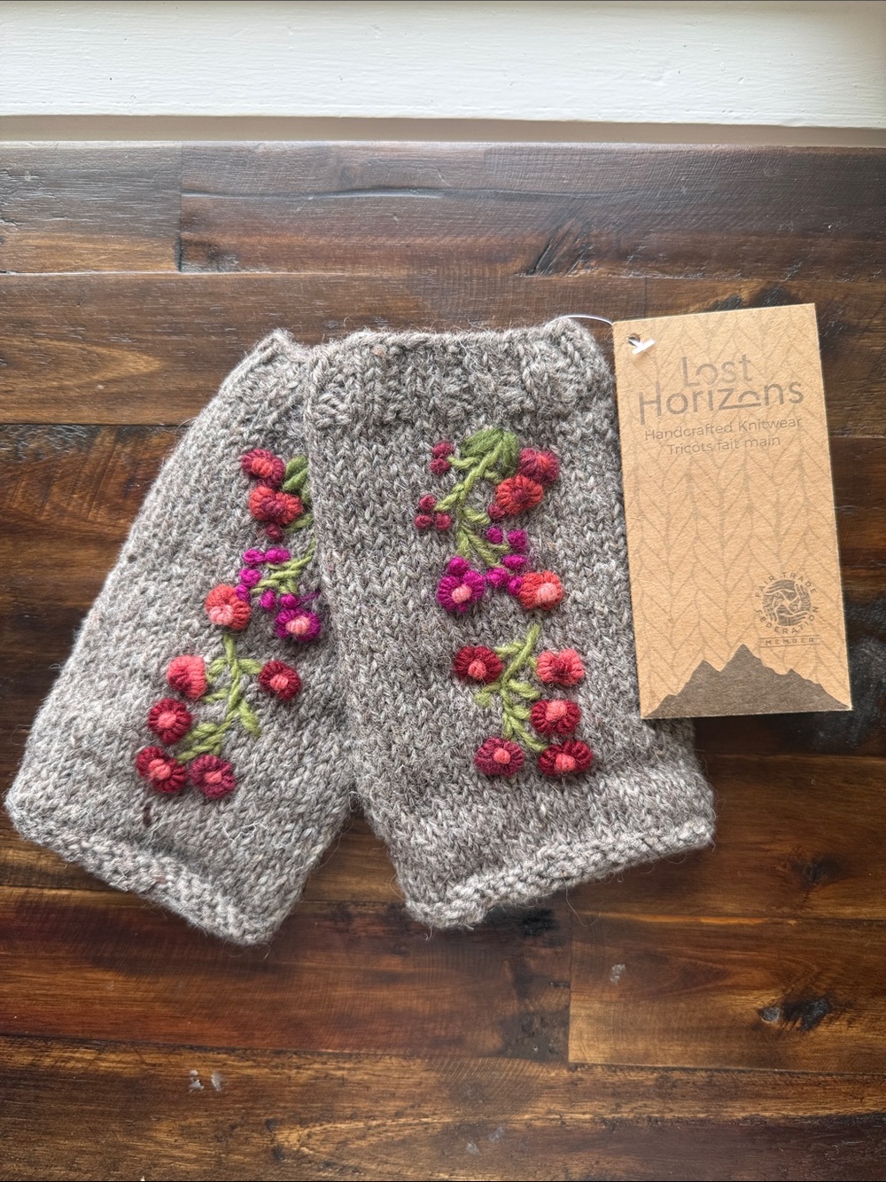 Lost Horizons Gray Floral Embroidered Wrist Warmers
